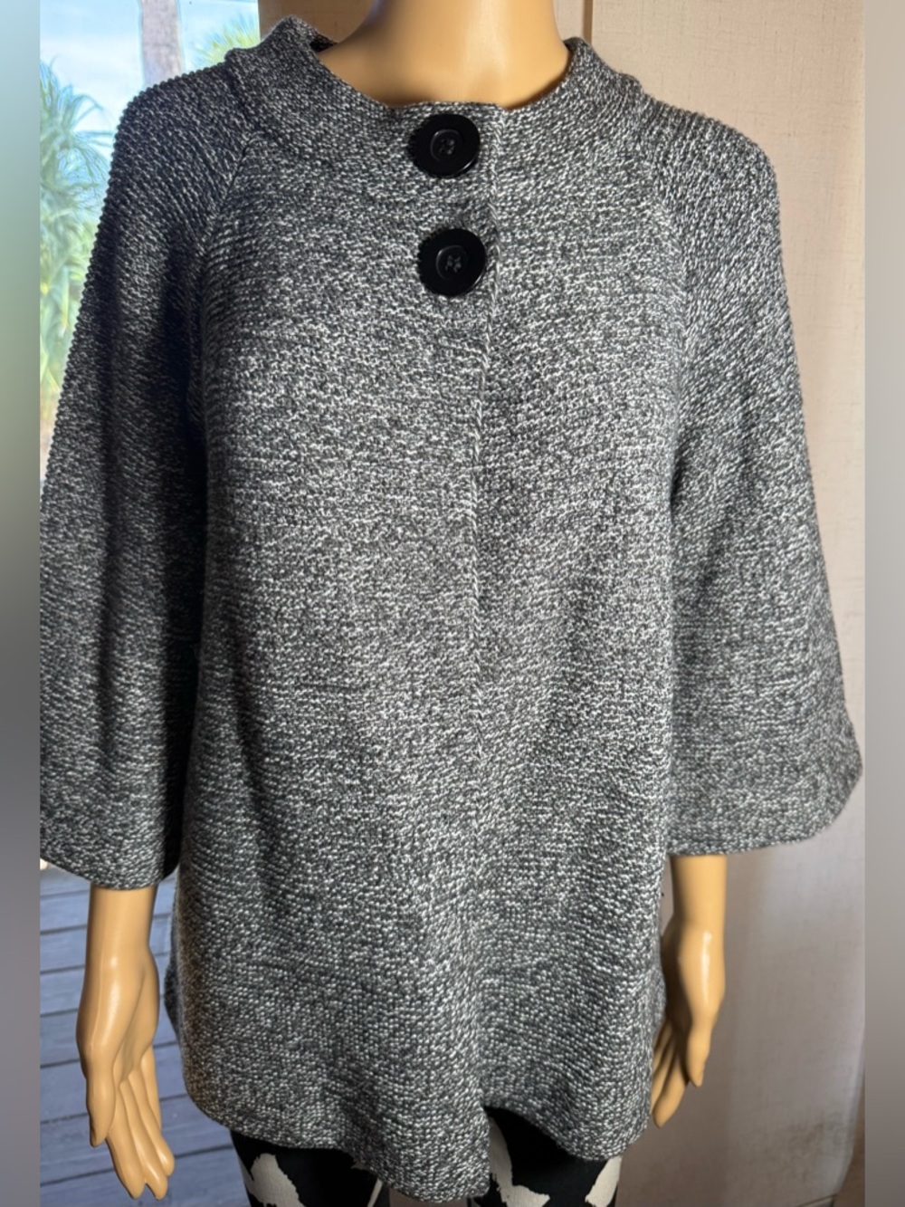 AB Studio 3/4 length sleeve sweater / swing coat. Sz. L  snap Faux buttons.
